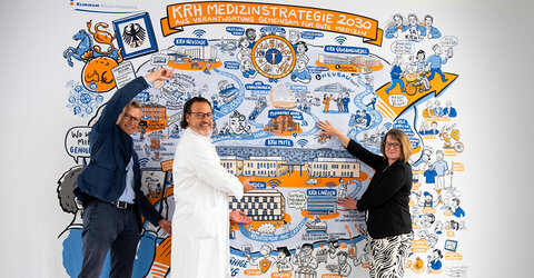 Wimmelbild trifft Wirklichkeit: Prof. Dr. Jochen Wedemeyer (von links), Prof. Dr. Alexandre Pelzer und Elke Schmidt.